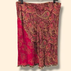 Express Vintage Red Pink Paisley Leopard Contrast Silk Low Rise Midi Skirt LG